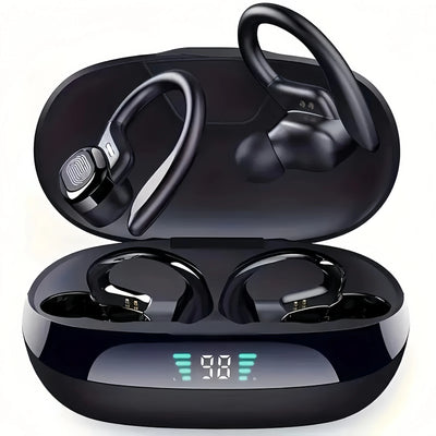 Open ear clip-on wireless earbuds in black with charging case on white background