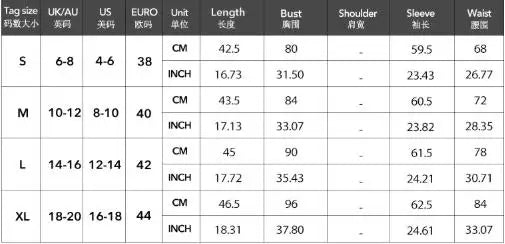 Size chart table with length, bust, shoulder, sleeve and waist measurements in cm and inches for sizes S, M, L and XL
