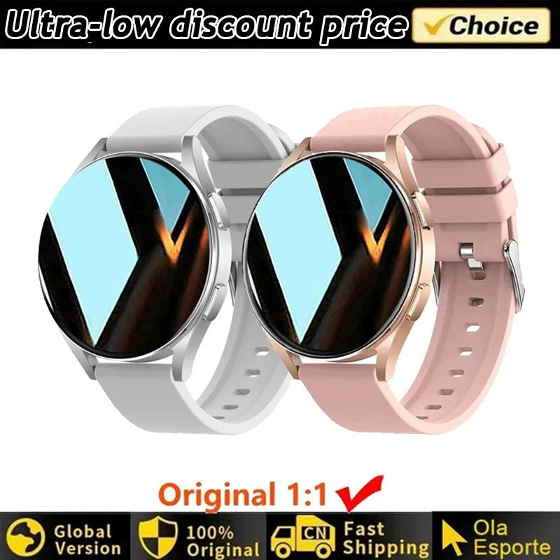 Two Women's Smart Watch 6 smartwatches, silver and pink, with promotional text about discount price