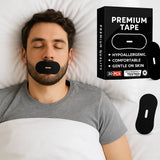 Man sleeping with black anti-snoring mouth tape on his lips — Premium Tape 30-pack box, hypoallergenic gentle sleep strips