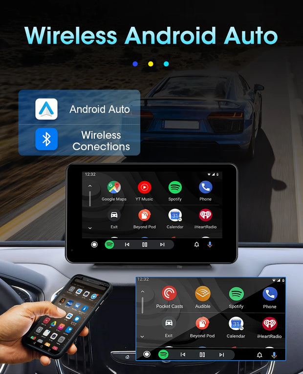 Wireless Android Auto screen displaying apps with smartphone connection in a car interior.