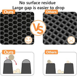 Comparison graphic of double-layer cat litter trapping mat design, Ours versus Others, highlighting no surface residue and easy cleaning
