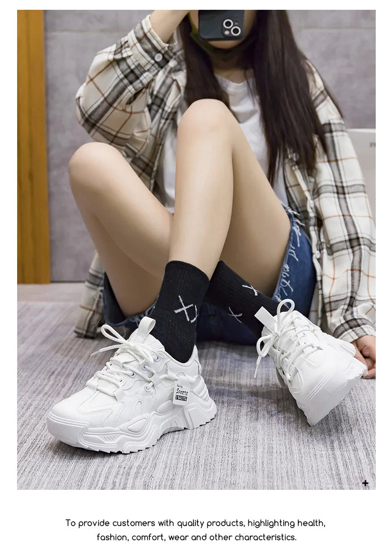 Women's Platform Leather Sneakers – Versatile Black Lace-Up (2025)