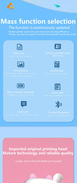 Mini Bluetooth thermal label printer companion app screen displaying function selection with icons and text on blue background