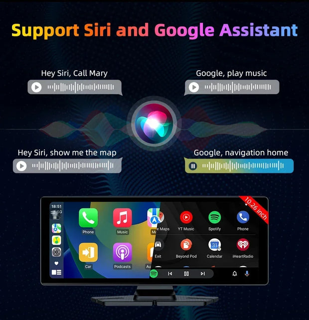 10.26'' Universal Portable Carplay Car Screen Wireless Carplay Screen Wireless Car Stereo Carplay Android Auto Car Touchscreen