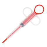 Red pet pill feeder syringe with soft tip and clear barrel on white background – pill dispenser for dogs and cats