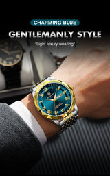 Men's minimalist quartz leisure watch – luxury watch with blue face and gold accents worn by person, 'Charming Blue Gentlemanly' text