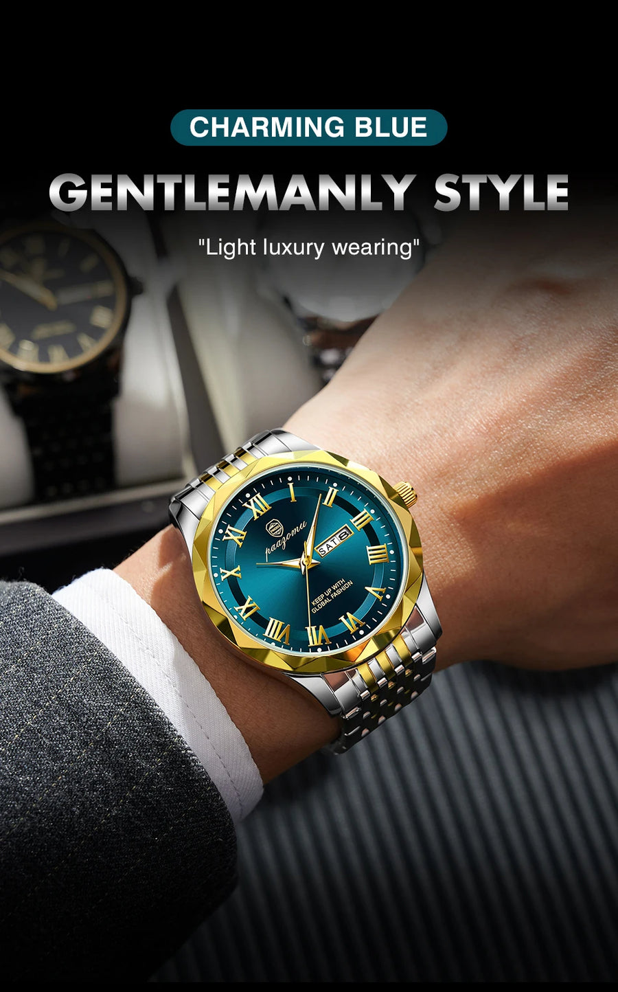 Men's minimalist quartz leisure watch – luxury watch with blue face and gold accents worn by person, 'Charming Blue Gentlemanly' text