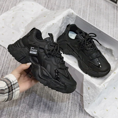 Women's Platform Leather Sneakers – Versatile Black Lace-Up (2025)