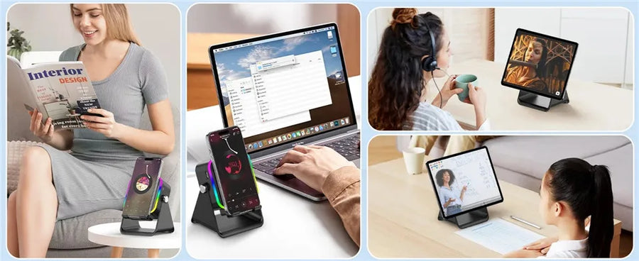 Collage of people using a smartphone stand with various devices and activities.