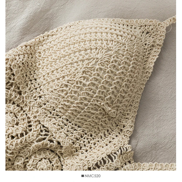 2025 Crop Tops Retro Wild Hollow Perspective Tassel Sexy Spaghetti Strap Tanke Top Women Built In Bra New Back Lace Halter Neck