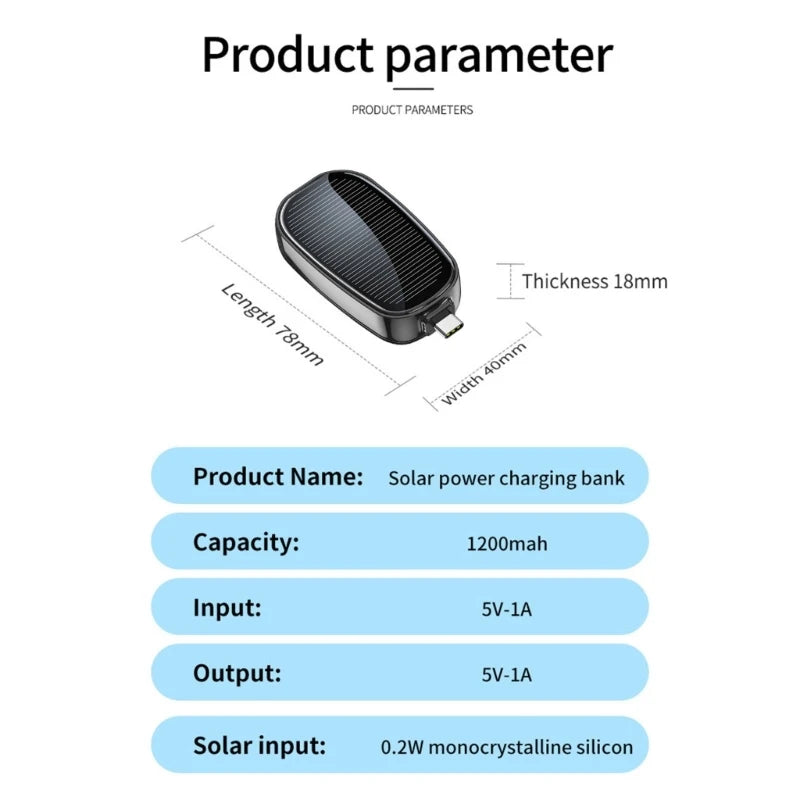 Solar power charging bank with product parameters on a white background
