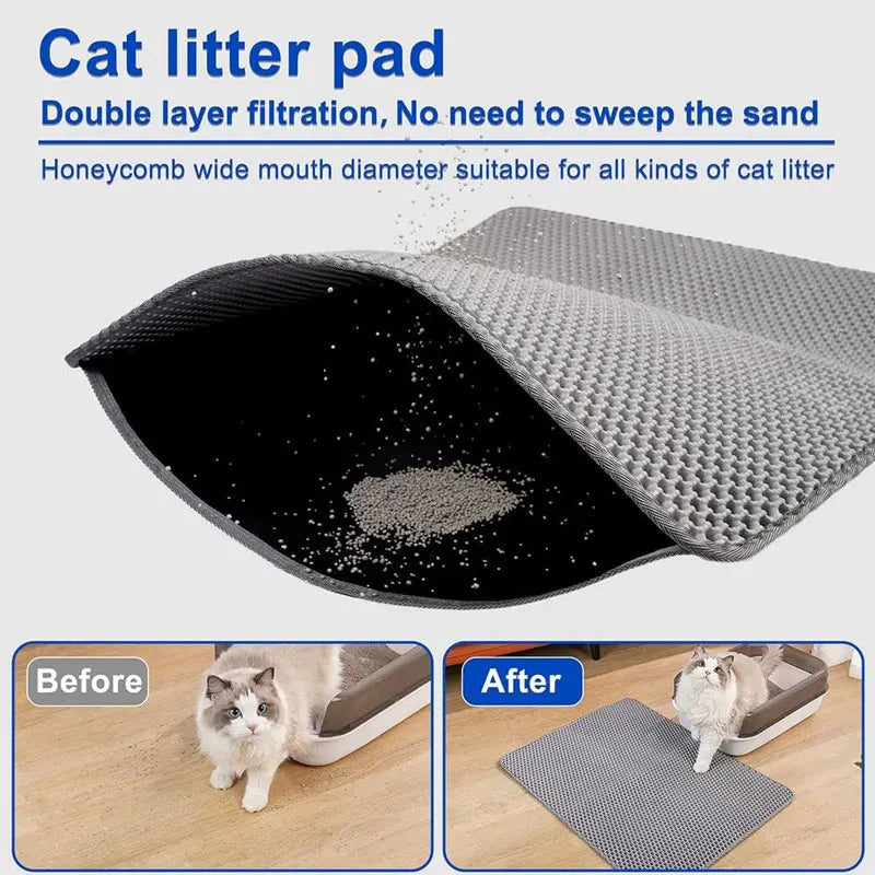 Double-layer cat litter trapping mat infographic with text highlighting features and before-and-after images of a cat using it