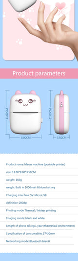 Mini Bluetooth thermal label printer product parameters and specs, small white machine with pink accents on pink background