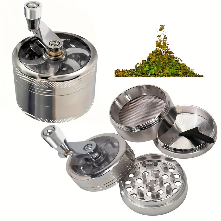 Metal grinder with mesh top and multiple compartments on a white background