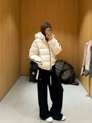 White Winter Jacket for Women Fashion Long Sleeve Hooded Bread Cotton Clothes Female Leisure Thick Warm Padded Coat Women