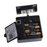 Hidden RFID electronic drawer lock with battery cover open showing AAA batteries installed, keyless IC card cabinet lock