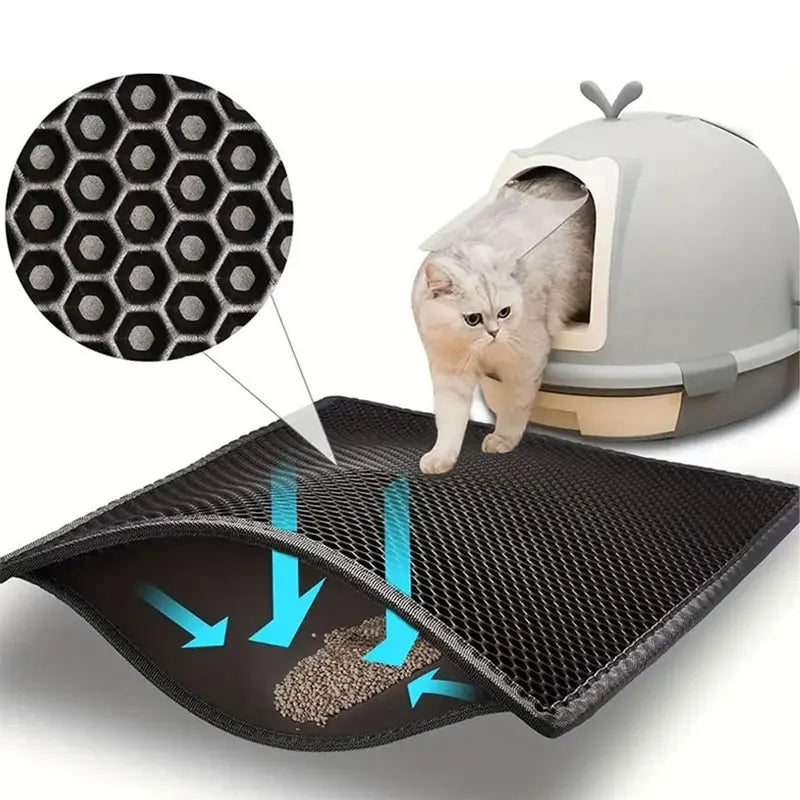 Cat stepping onto a honeycomb double-layer cat litter trapping mat while entering the litter box