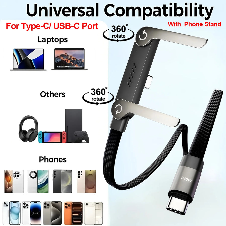 240W 2-in-1 Braided Type-C Cable with Foldable Stand – for Phones & Laptops