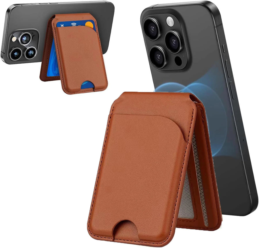 Brown phone wallet with card holder attached to a smartphone on a white background