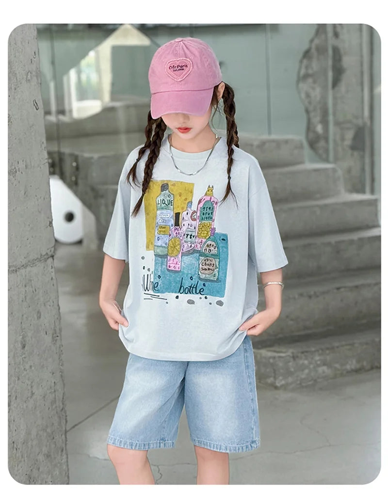 Girls Summer Outfit Set – Print T-Shirt + Shorts (Ages 5-14)