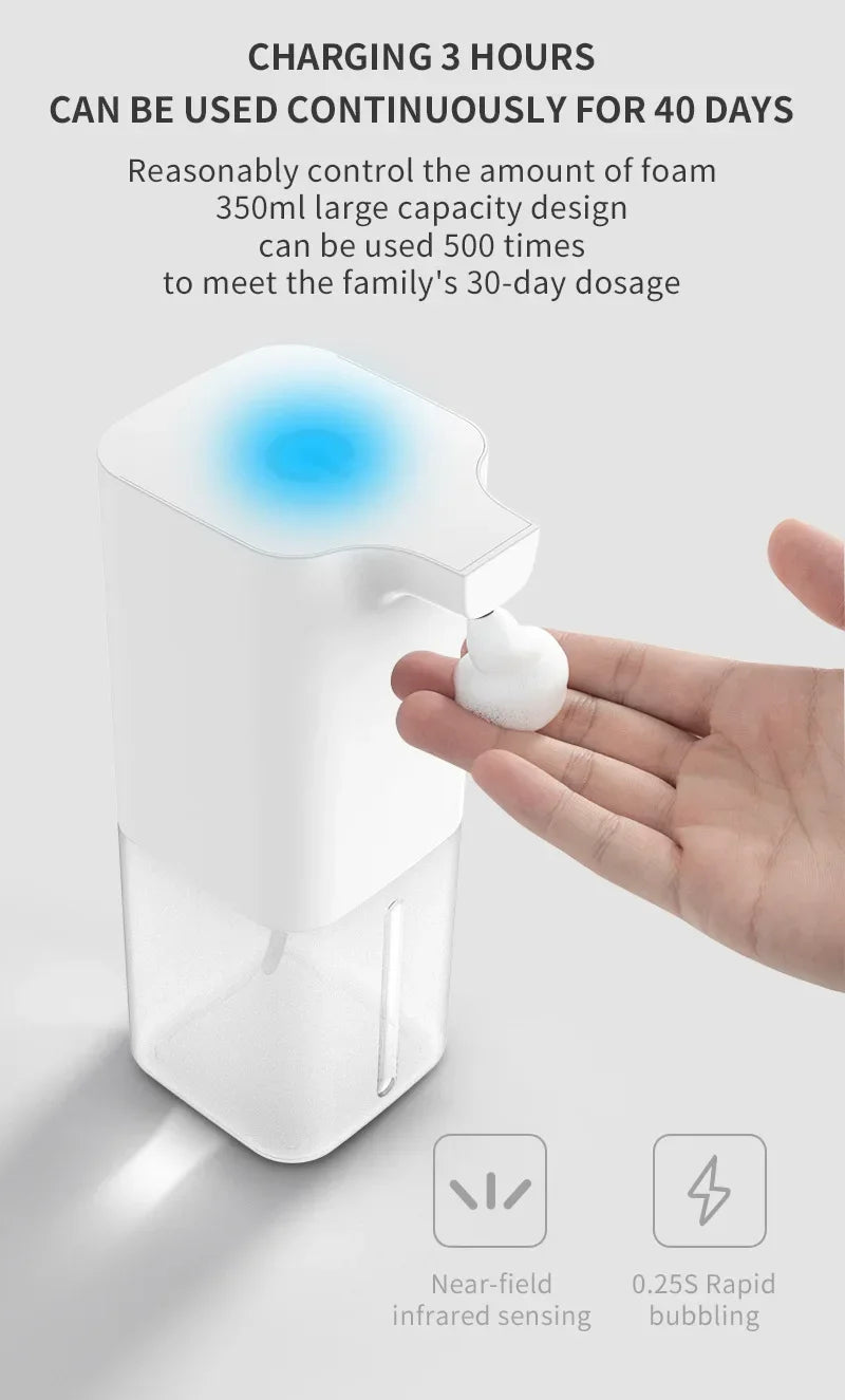 Hand holding a white soap dispenser with text about its usage and features on a light gray background.