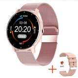 Smartwatch with rose gold mesh band and additional band on white background