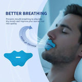 Anti-Snoring Sleep Tape - man wearing blue nasal breathing device with curved arrow and BETTER BREATHING text