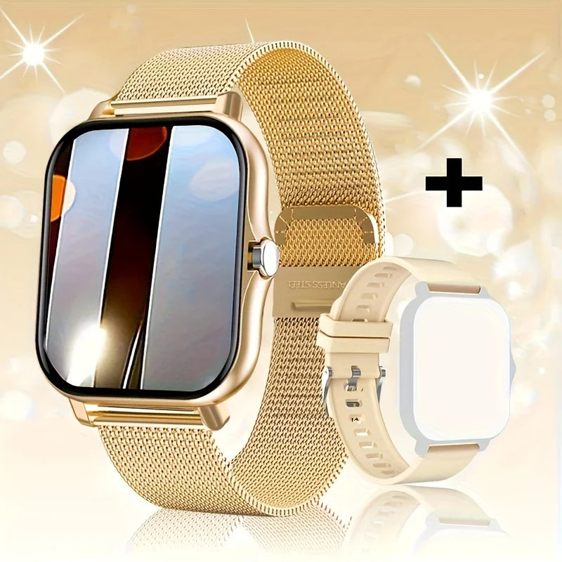 Gold smartwatch with mesh band on a beige background