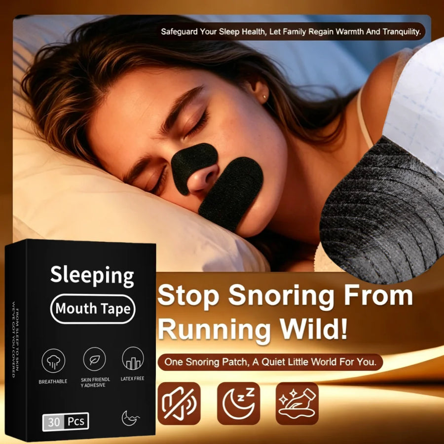 Woman sleeping with mouth tape applied – anti-snoring sleep strips for nasal breathing