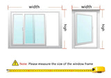 Diagram showing how to measure the width and height of a window frame with a tape measure illustration.