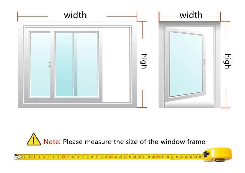 Diagram showing how to measure the width and height of a window frame with a tape measure illustration.