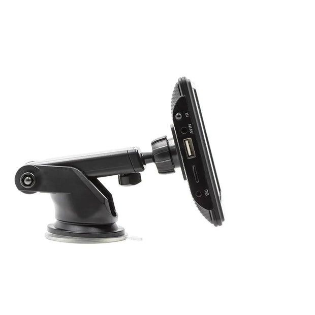 Side view of a 7-inch wireless car stereo with a suction mount, showcasing connectivity ports and sleek design.