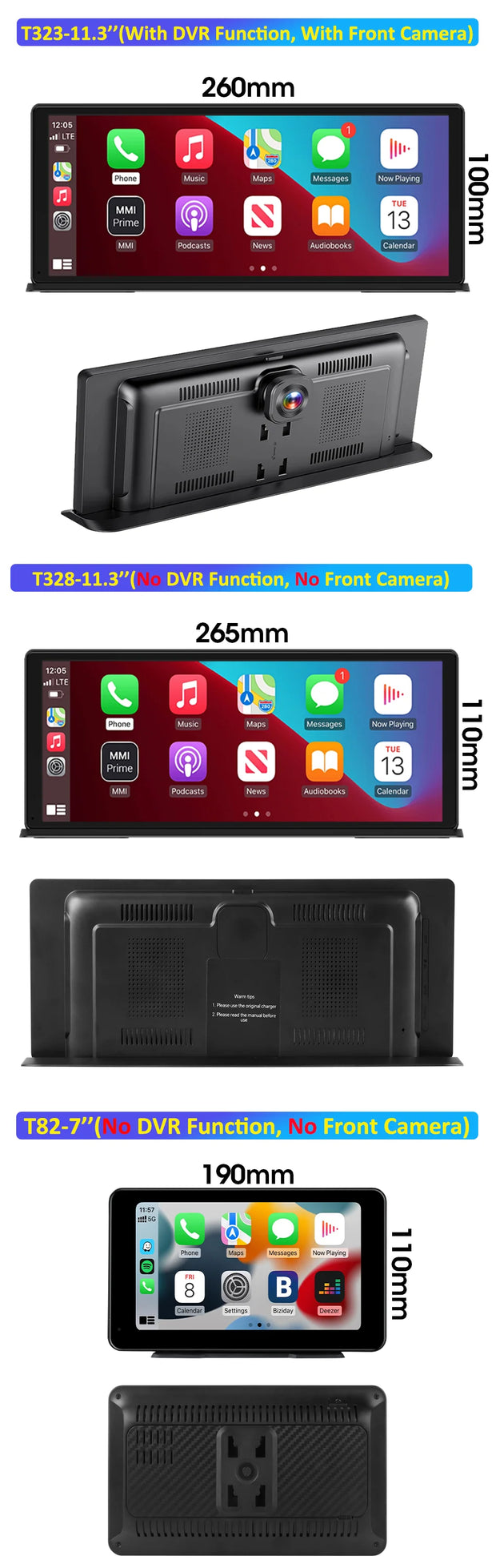 Vtopek Carplay screens showing different sizes and features, including dimensions for models with and without DVR functionality.