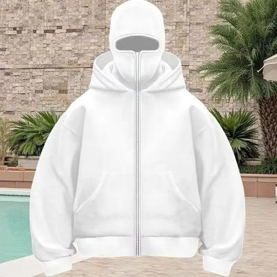 Men's Balaclava Zip Hoodie with Face Mask Winter Warm Zipper Sweatshirt Oversized Hooded Sports Jacket for Outdoor Activities