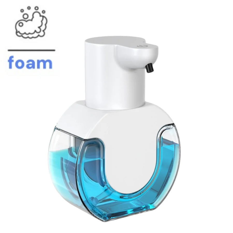 Foam soap dispenser with blue liquid inside on a white background
