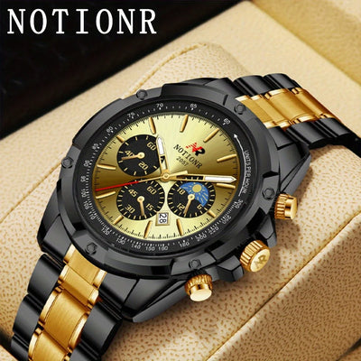 Luxury watch with black and gold band on a beige textured background, featuring the brand 'NOTIONR'.
