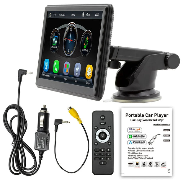 7-inch wireless car stereo with touchscreen, remote, cables, and user manual, designed for easy car installation.