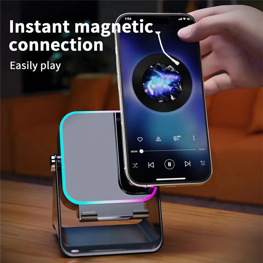 Smartphone with a magnetic phone holder on a wooden surface, with text 'Instant magnetic connection' and 'Easily play'.