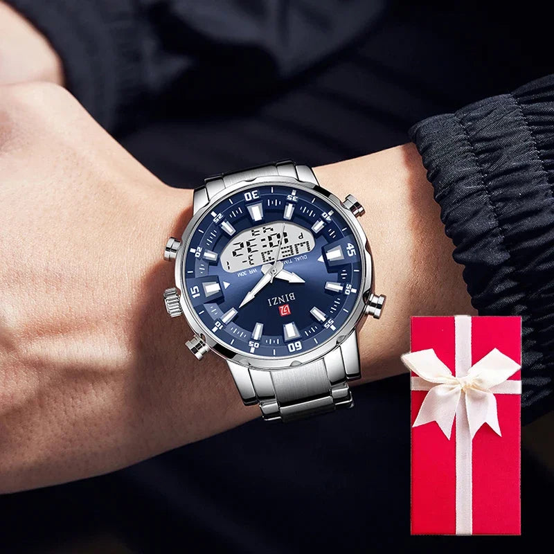 Men's silver and blue dual display watch worn on wrist with red gift box in background — analog digital quartz
