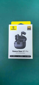 Baseus Bass BPI Pro wireless earbuds packaging on a green background
