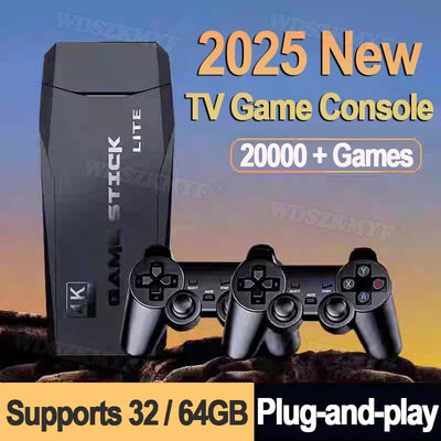 TV game console with controllers and text highlighting features on a gradient background