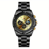 Men's quartz chronograph watch with detailed gold face and black alloy band on a white background, featuring the brand 'NOTIONR'.