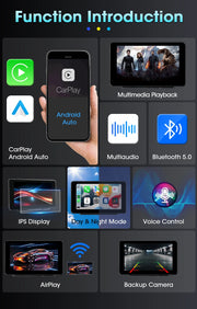 Function introduction of Vtopek Carplay screen featuring CarPlay, Android Auto, Bluetooth 5.0, and more.
