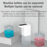 Dispensing machine with replaceable solution bottles containing different liquids on a gray background.