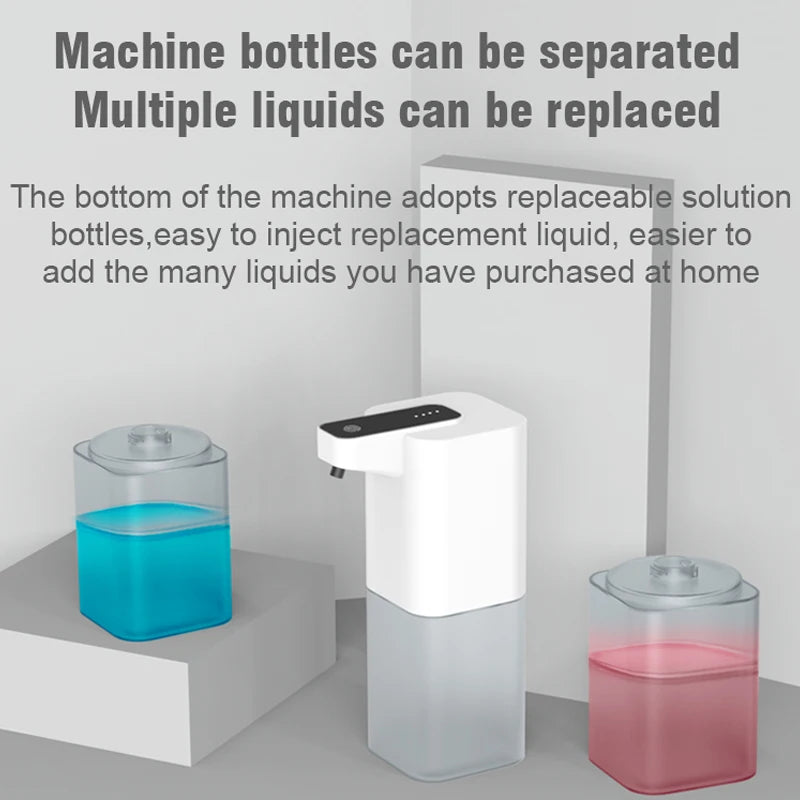 Dispensing machine with replaceable solution bottles containing different liquids on a gray background.
