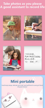 Promotional image of small portable mini Bluetooth thermal label printer with text and photos on pink background