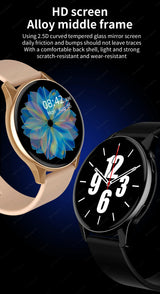 Two Women's Smart Watch 6 smartwatches in gold and black on dark background highlighting screen quality