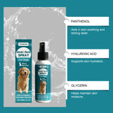 Yegbong Anti-Itch Spray for dogs with packaging and product details on a gray background.