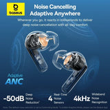 Baseus noise-cancelling wireless earbuds on blue background – Bluetooth 6.0, 50dB ANC, 6-mic AI ENC